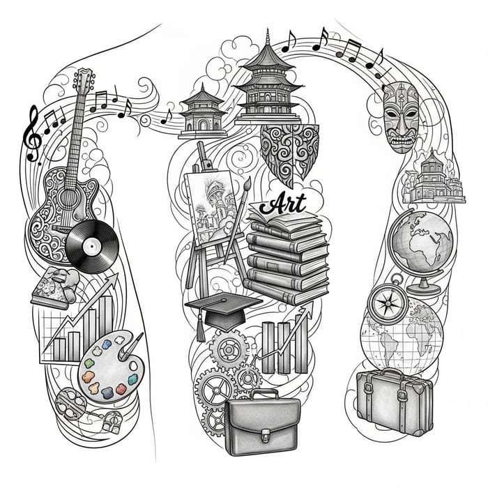 Intricate Life Celebration Tattoo Design - Music, Culture, Art, Education, Business, Travel Intricate Life Celebration Tattoo Design - Music, Culture, Art, Education, Business, Travel