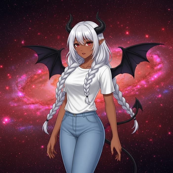 Anime Girl with White Hair, Red Eyes & Black Demon Features
