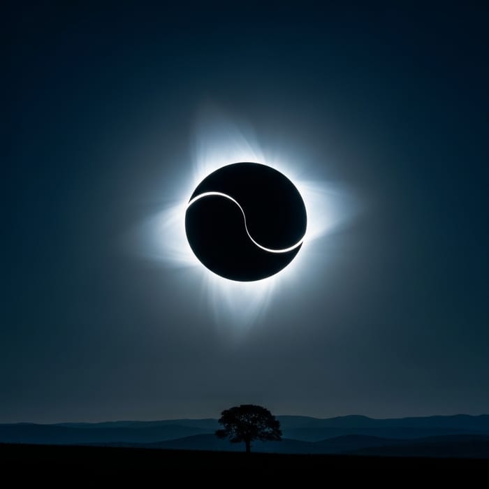 Majestic Solar Eclipse with Radiant Halo over Rolling Hills