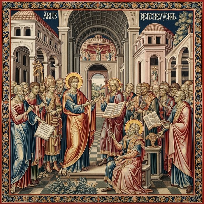 Arius Heresy History: Medieval Tapestry, Vibrant Colors & Dramatic Gestures Arius Heresy History: Medieval Tapestry, Vibrant Colors & Dramatic Gestures