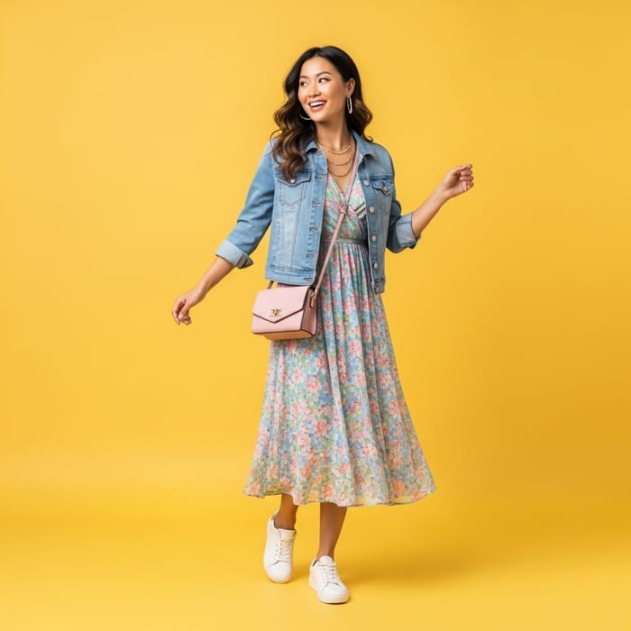 Vibrant Asian Woman Invites You to Shop on Bright Yellow Background Vibrant Asian Woman Invites You to Shop on Bright Yellow Background