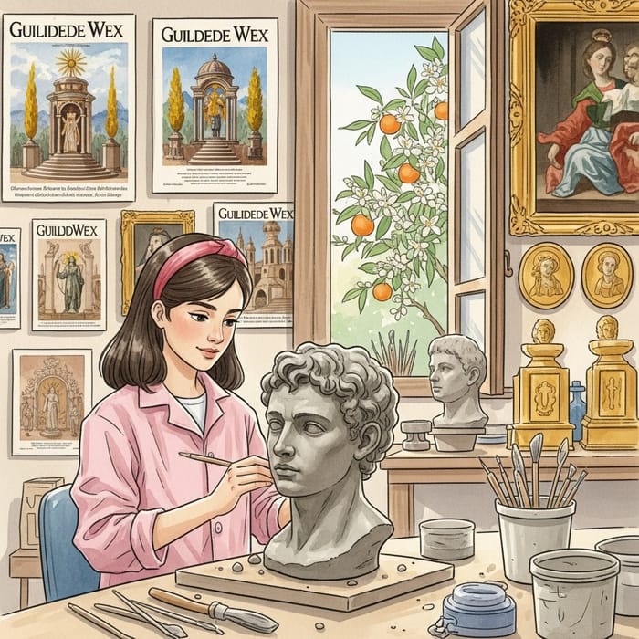 Watercolor Illustration of Young Girl Sculpting Clay Bust in Art Studio Watercolor Illustration of Young Girl Sculpting Clay Bust in Art Studio