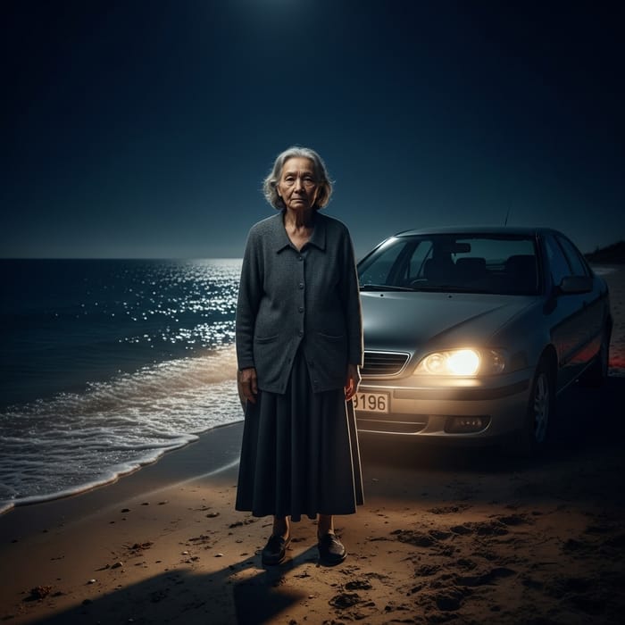 Mysterious Elderly Woman on Night Beach Mysterious Elderly Woman on Night Beach
