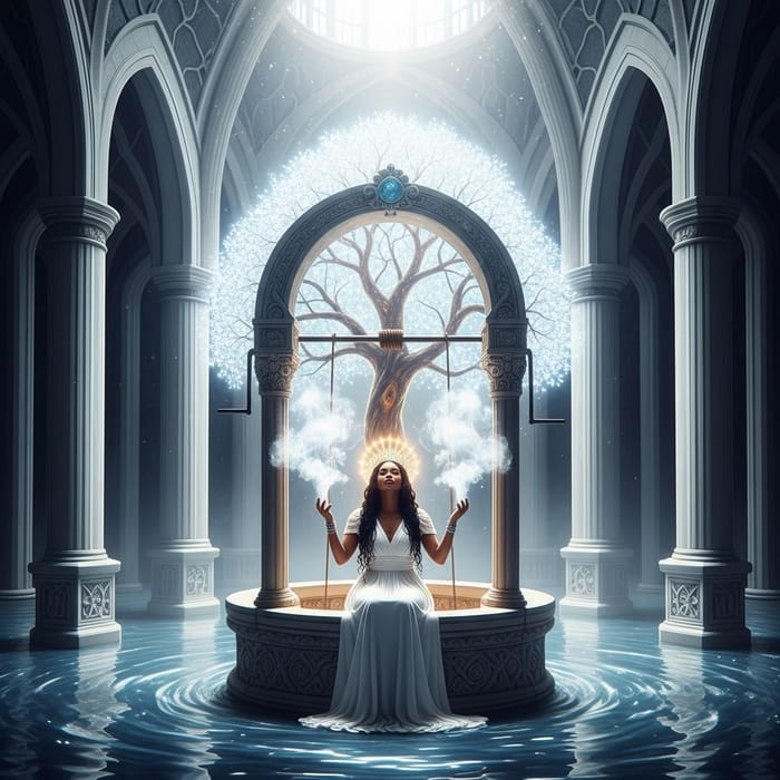 Glowing Woman in New Jerusalem Throne Room with Holy Spirit and Tree of Life