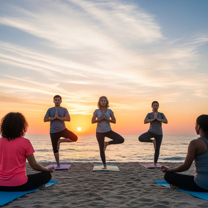 Diverse Group Yoga Meditation at Beach Sunset Diverse Group Yoga Meditation at Beach Sunset