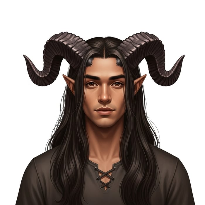 Young Tiefling Man with Medium Horns and Long Hair