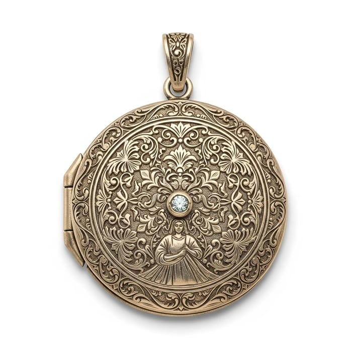 Enchanting Locket with Delicate Engravings and Shimmering Gem Enchanting Locket with Delicate Engravings and Shimmering Gem