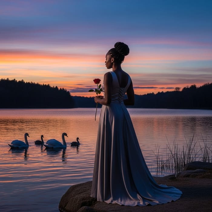 Elegant Woman enjoying Tranquil Dusk by the Lake with Swans