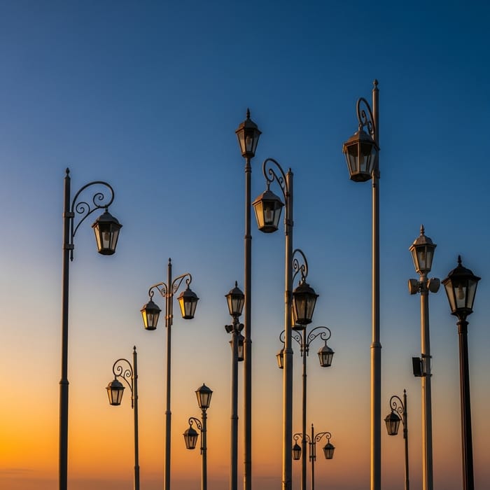 Decorative Lighting Poles Range on Sky Background Render