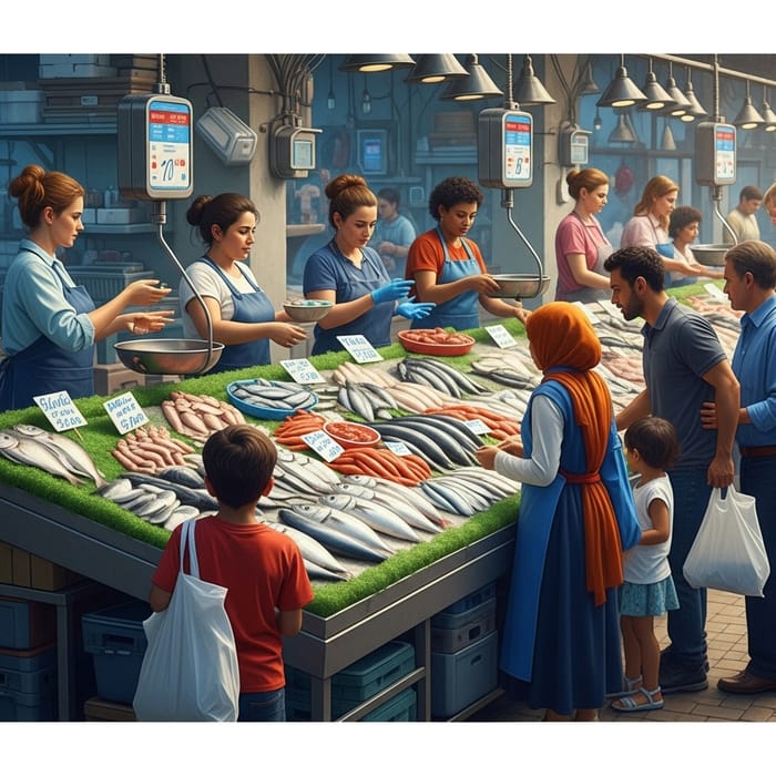 Busy Fish Port with Large Crowds and Fresh Catches