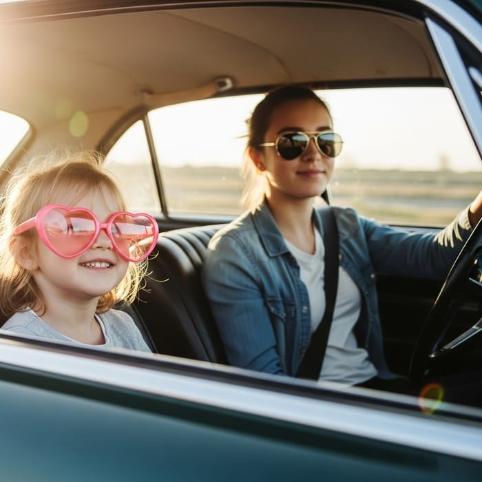 Younger and Older Girls in Car - Pink & Aviator Glasses Younger and Older Girls in Car - Pink & Aviator Glasses
