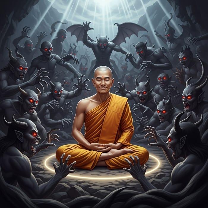 Tranquil Buddhist Monk Amidst Asian Demons Tranquil Buddhist Monk Amidst Asian Demons