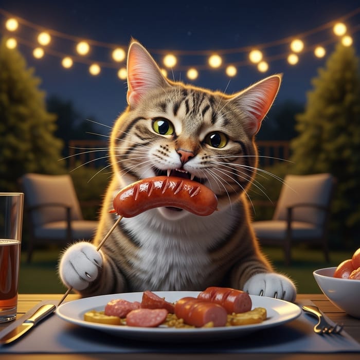 Ravenous Cat Indulging in Grilled Sausage | Cozy Backyard Setting Ravenous Cat Indulging in Grilled Sausage | Cozy Backyard Setting