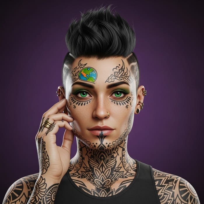 Mysterious Femme Fatale with Colorful Tattoos and Mesmerizing Eyes