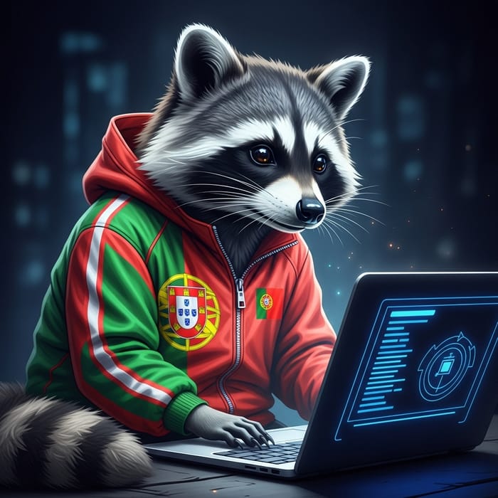 Curious Raccoon on Laptop with Portuguese Flag Jacket Curious Raccoon on Laptop with Portuguese Flag Jacket