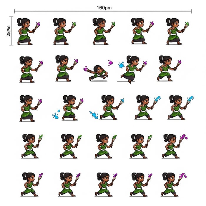 Female Artist Pixel Art Sprite Sheet | Paint Splash & Brush Weapon Female Artist Pixel Art Sprite Sheet | Paint Splash & Brush Weapon