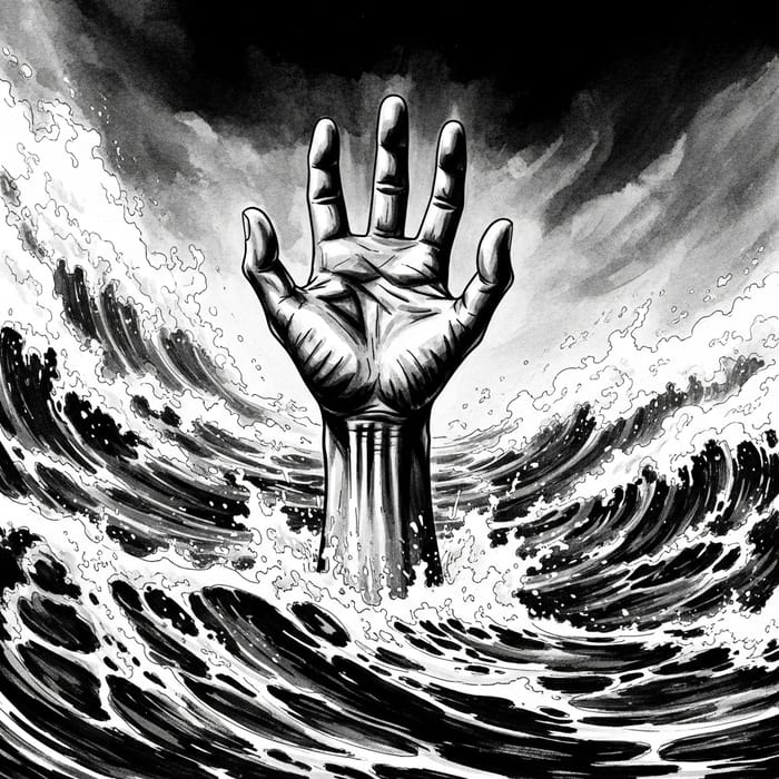 Desperate Hand Emerges from Turbulent Sea: Striking Black and White Image Desperate Hand Emerges from Turbulent Sea: Striking Black and White Image