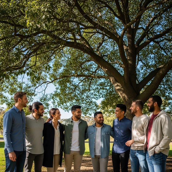 Diverse Group Enjoying Casual Conversations Outdoors Diverse Group Enjoying Casual Conversations Outdoors