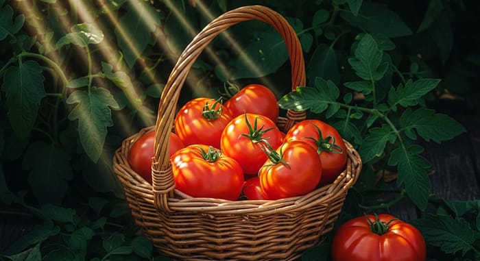 Rustic Still Life of Wicker Basket filled with Plump Tomatoes