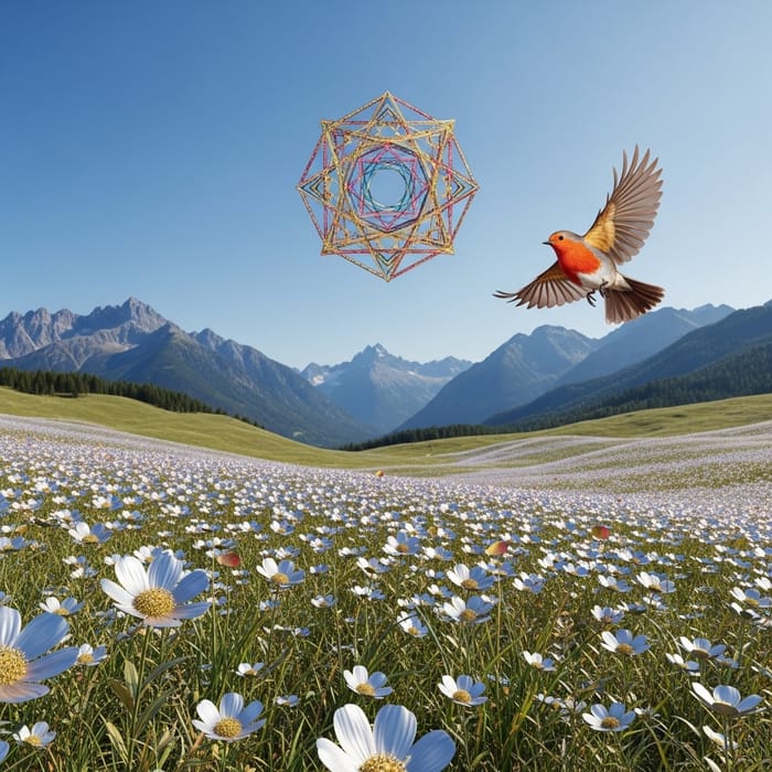Shimmering Metallic Flowers in Majestic Mountain Landscape Shimmering Metallic Flowers in Majestic Mountain Landscape