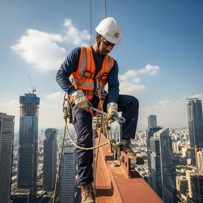 Worker in PPE Working at Height | Construction Site Scene Worker in PPE Working at Height | Construction Site Scene