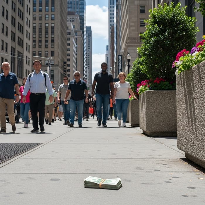 Unexpected Money Discovery on Bustling Urban Street Unexpected Money Discovery on Bustling Urban Street