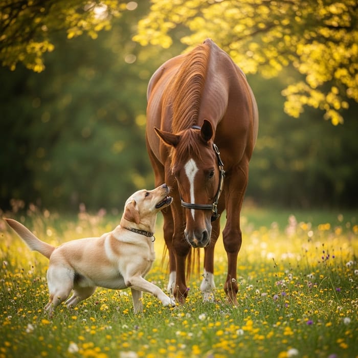 Adorable Dog and Horse Having Fun in Sunny Meadow
