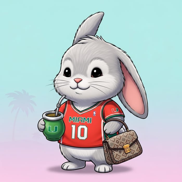 Cute Cartoon Rabbit in Miami Jersey with Mate Tea Cup and LV Bag