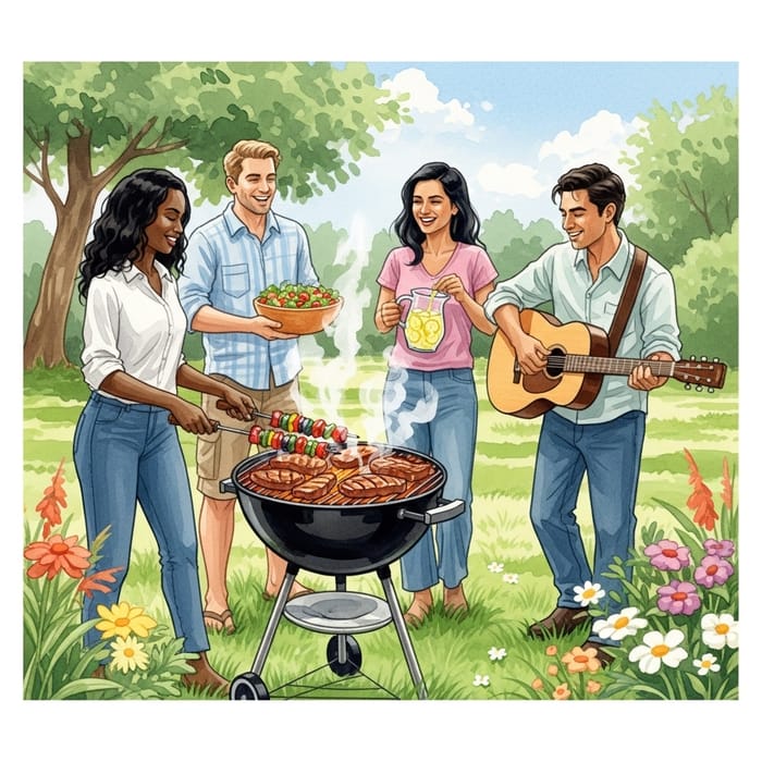 Vibrant Outdoor BBQ Watercolor Artwork