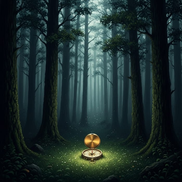 Dark Forbidden Forest with Illuminated Compass | Magical Painting Style