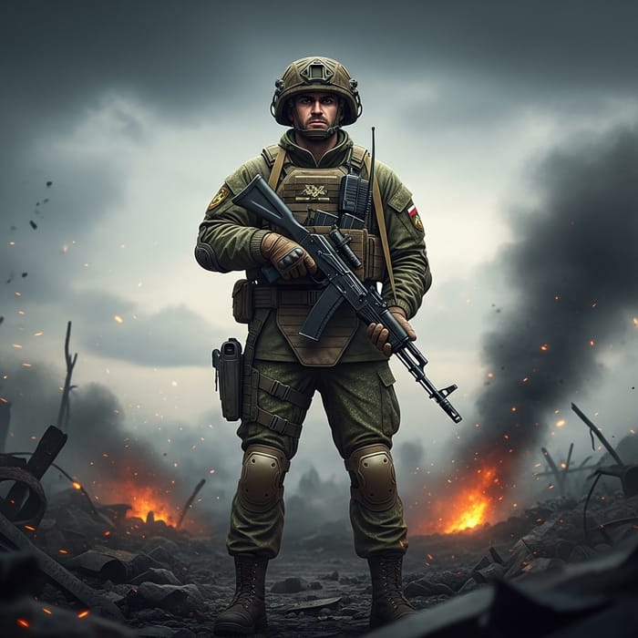 Epic Russian Military Soldier in Realistic Combat Scene