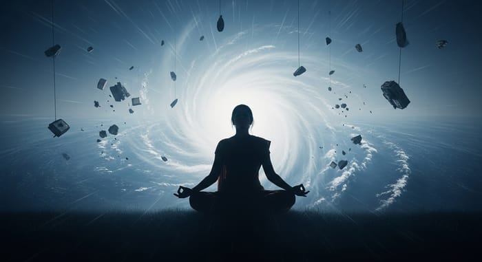 Finding Serenity: Woman in Meditative Pose Within Tornado Chaos