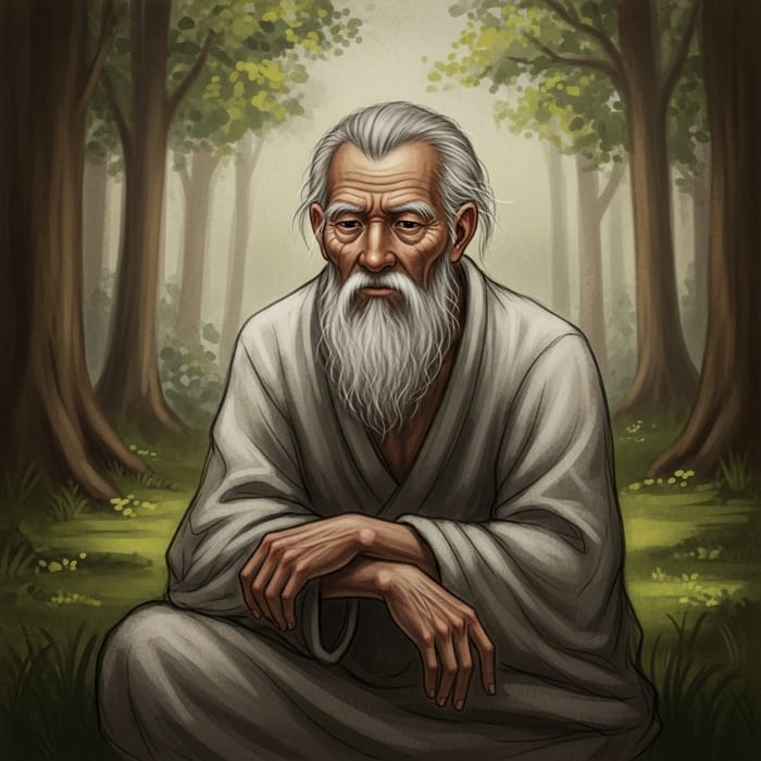 Deep Contemplation: Wise Old Sage in Forest Clearing