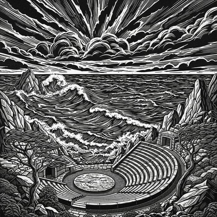 Dramatic Monochrome Storm View from Coastal Theatre