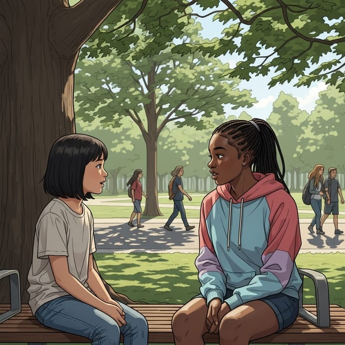 Girls Engaged in Conversation on Bench Girls Engaged in Conversation on Bench