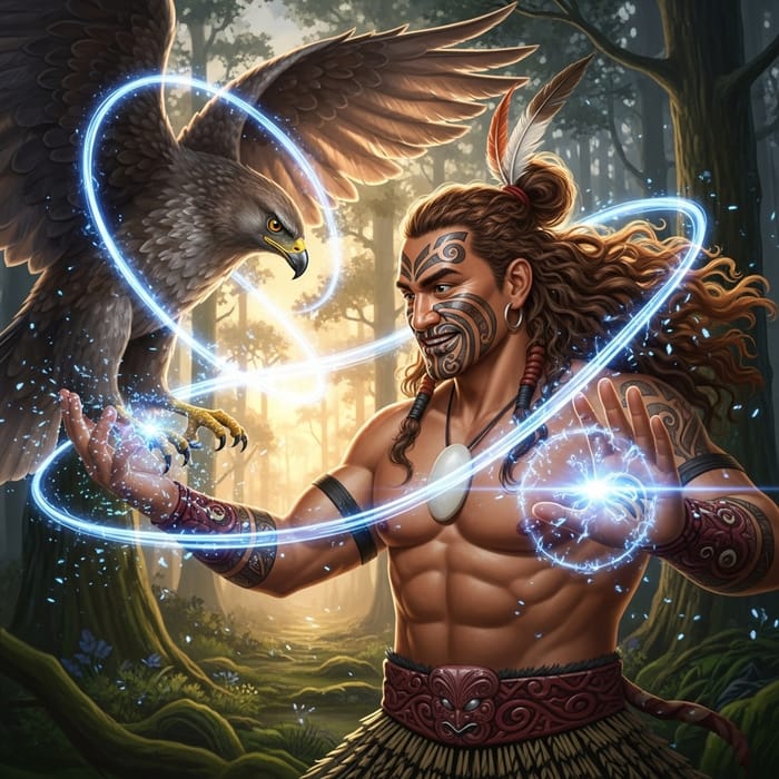 Maori Warrior Maui in Enchanting New Zealand Forest Maori Warrior Maui in Enchanting New Zealand Forest