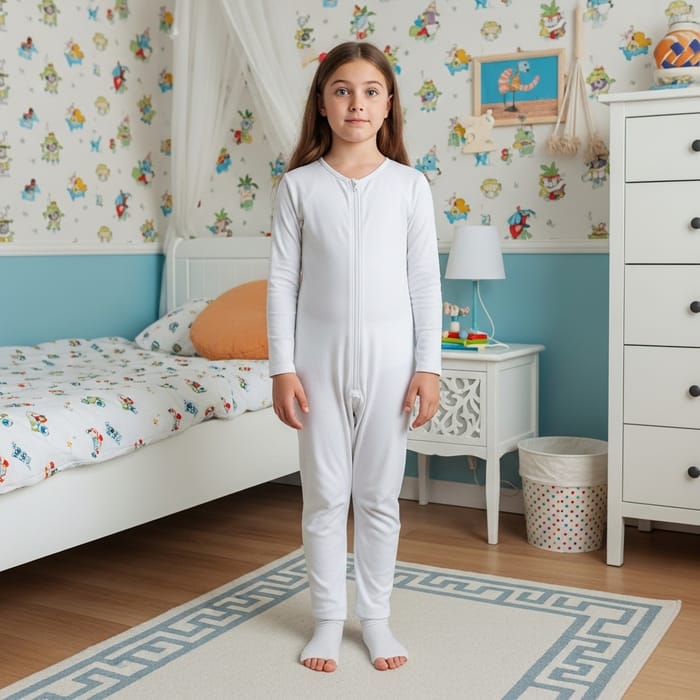 Confused Caucasian Girl in Bright Child-Friendly Bedroom