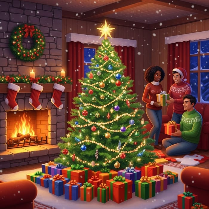 Merry Christmas Scene with Tree & Fireplace