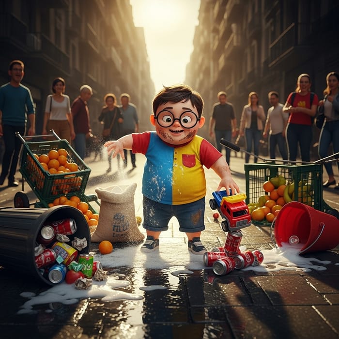 Short Chubby Boy with Glasses Causing Street Mess
