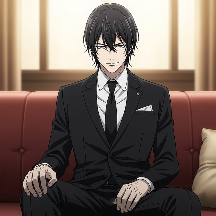 Damon Salvatore in Black Suit Sitting on Couch Damon Salvatore in Black Suit Sitting on Couch