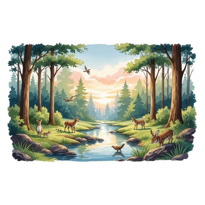 Natural Watercolor: Tranquil Forest & Wildlife Harmony Natural Watercolor: Tranquil Forest & Wildlife Harmony