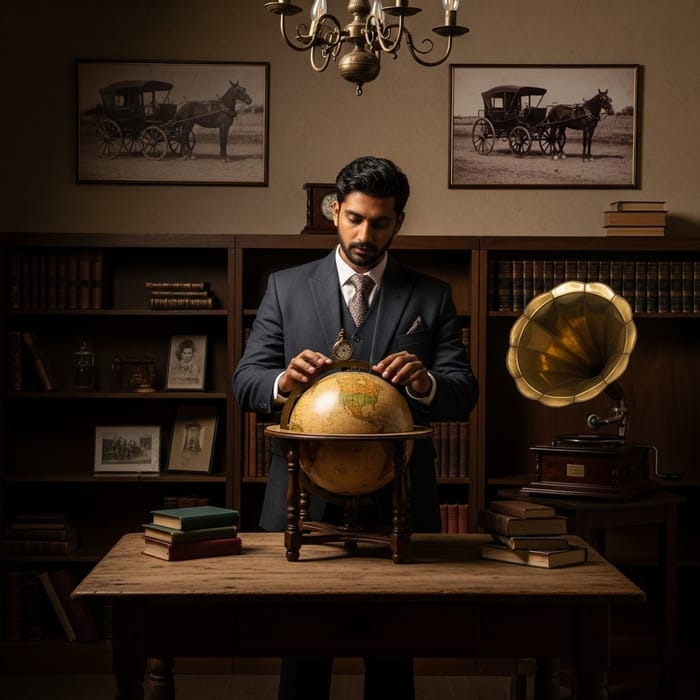 History and Vintage: South Asian Man in Victorian Suit with Antique Globe