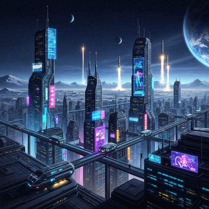 Vibrant Moon Metropolis | Futuristic Rocket Launch Art
