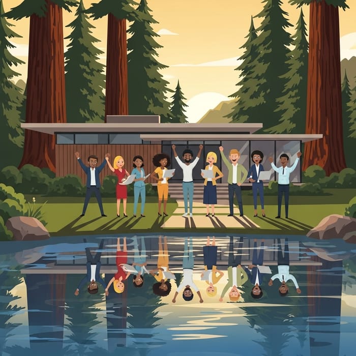 Global Project Management Team in Modern Redwood House | Excitement & Happiness Global Project Management Team in Modern Redwood House | Excitement & Happiness