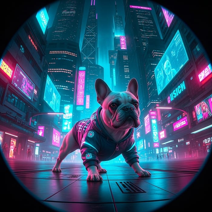 Vibrant Fisheye Cyberpunk French Bulldog in Futuristic City Vibrant Fisheye Cyberpunk French Bulldog in Futuristic City