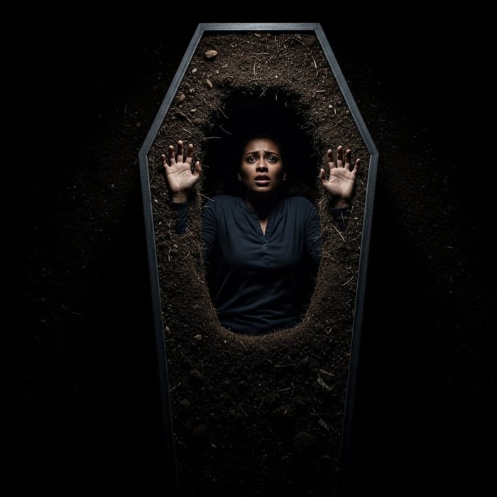 Dark Scene: Lady Trapped in Coffin with Soil