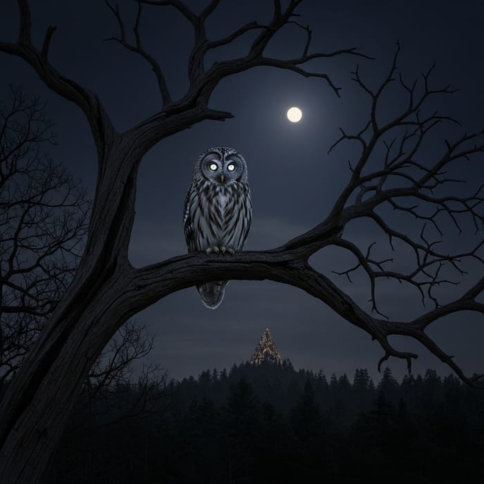Mysterious Owl Perched on Weather-Worn Tree at Night Mysterious Owl Perched on Weather-Worn Tree at Night