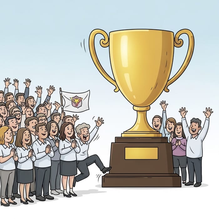 Diverse Crowd Cheering with Oversized Trophy | Editorial Cartoon Scene Diverse Crowd Cheering with Oversized Trophy | Editorial Cartoon Scene
