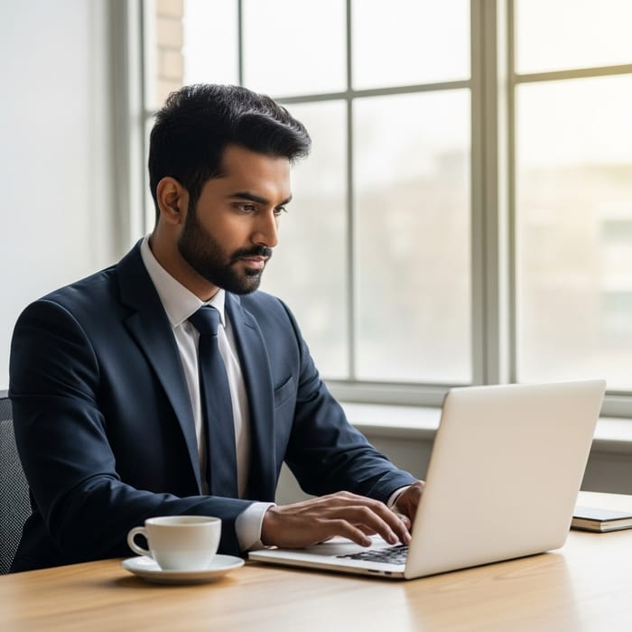 Confident Male Indian Model in Modern Office Setting Confident Male Indian Model in Modern Office Setting