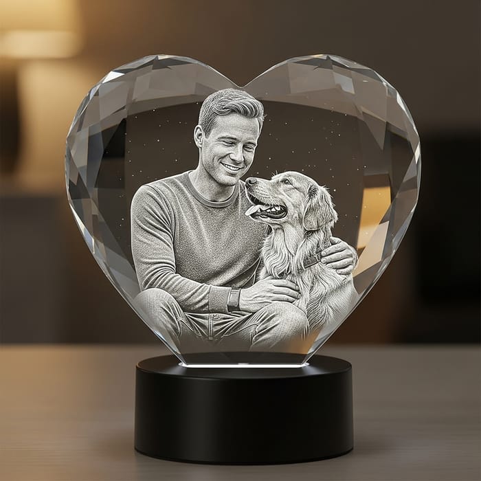 Subsurface 3D Engraving of Person and Dog in Crystal Heart on LED Base Subsurface 3D Engraving of Person and Dog in Crystal Heart on LED Base